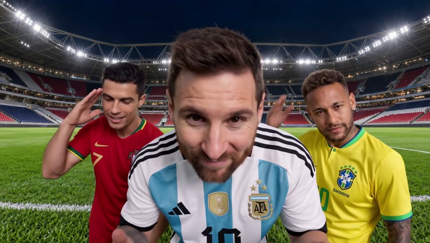 Three footballers take over a floodlit stadium