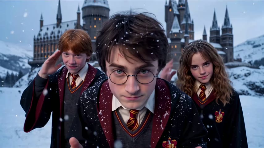 Three young wizards outside a snowy castle
