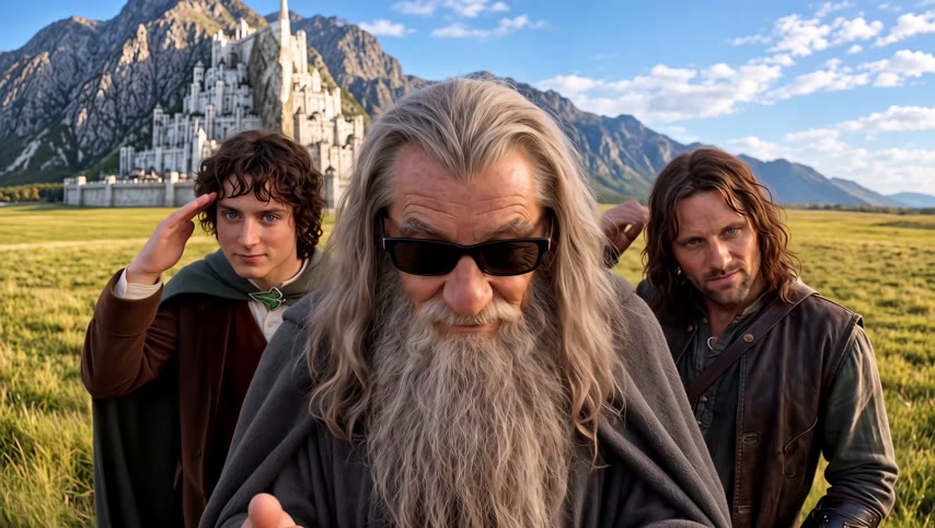 Three adventurers below a white mountain city